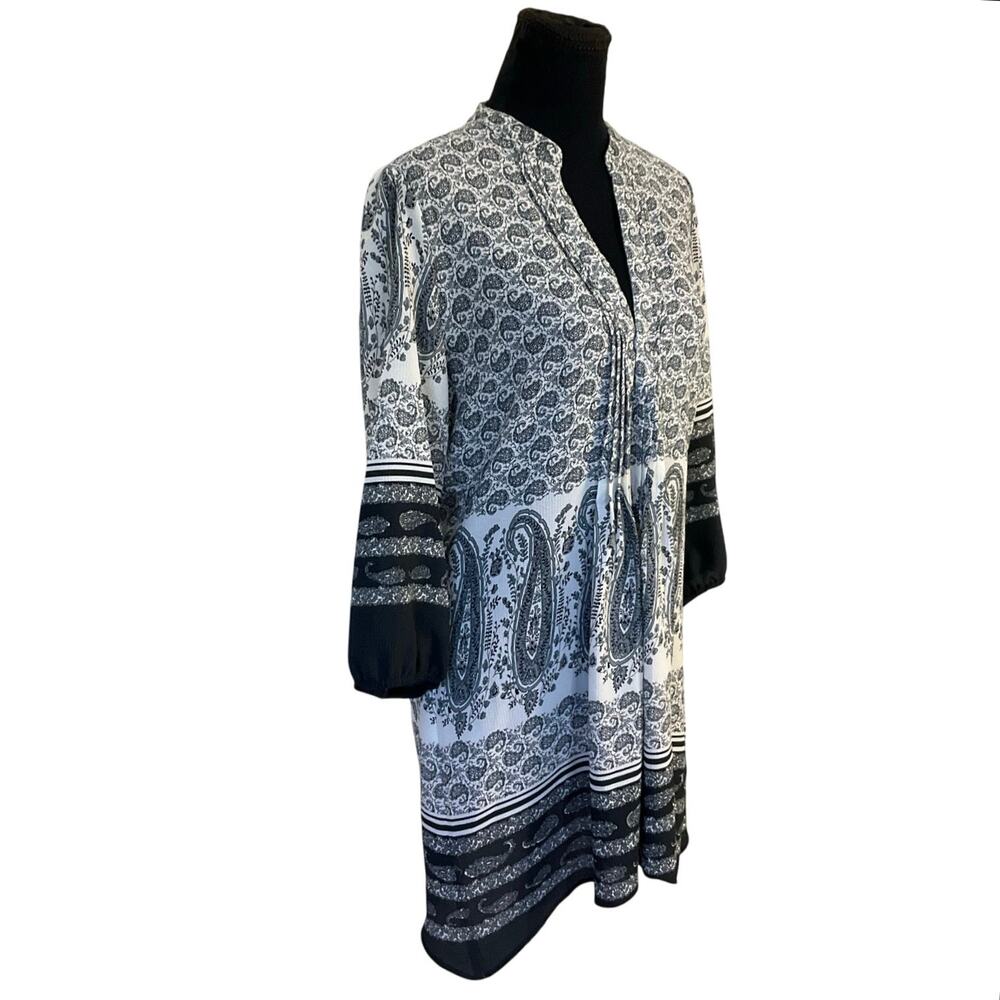 Angie Black & White Paisley Boho Tunic Top Mini Dress Size L Peasant Style - Picture 3 of 10
